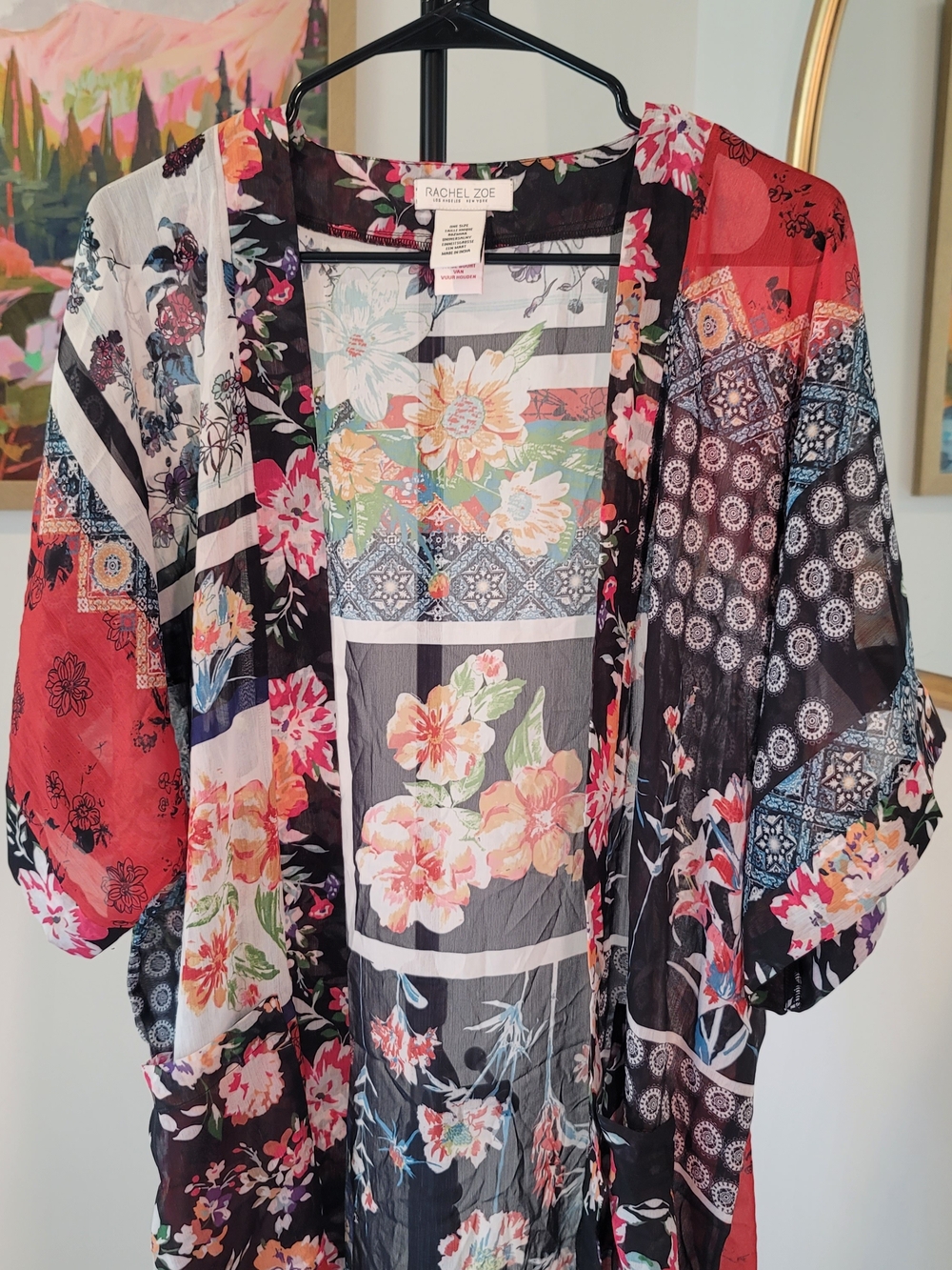 EUC RACHEL ZOE Patchwork Floral Kimono Robe Pockets Boho Women's Size OS - Picture 3 of 10
